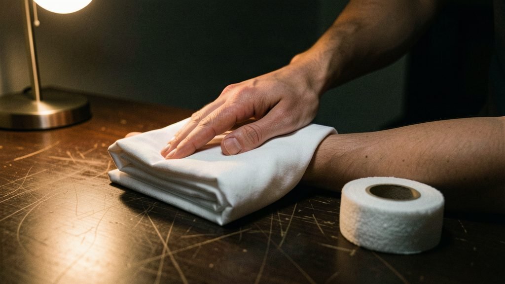 A folded dressing and rolled gauze laid out on a dark canvas with a tourniquet beside them