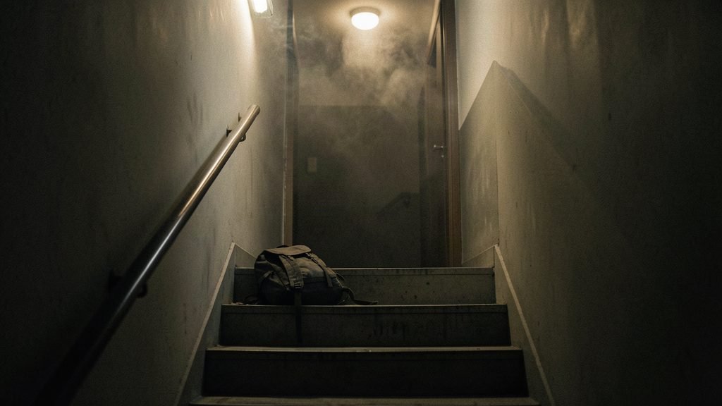 A dim apartment stairwell at night with smoke haze and an abandoned backpack on the steps