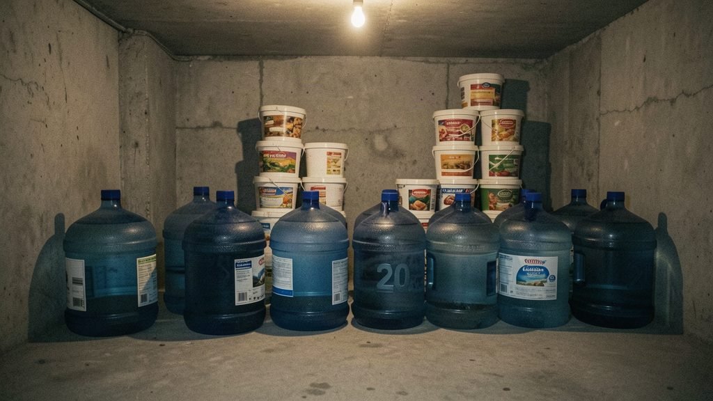 Eight 20-litre blue water containers in a row in a concrete cellar, with sealed food buckets stacked behind