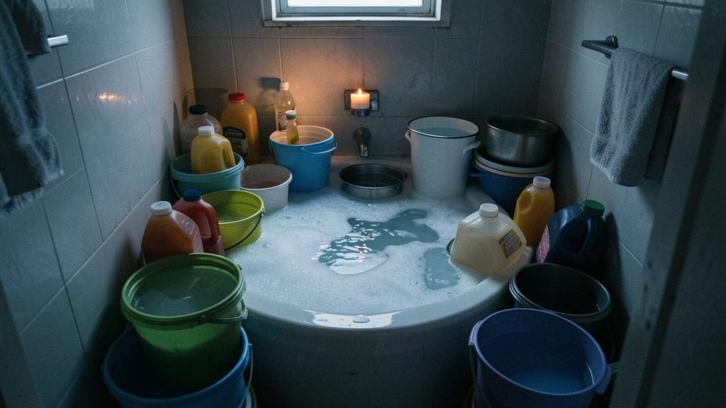 A cold bathroom with a full bathtub and jerry cans lined up along the wall